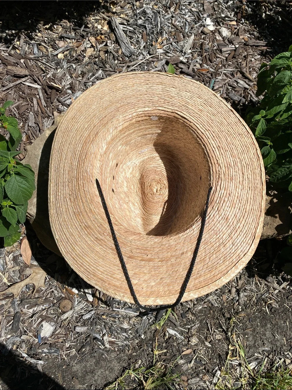 Women's Palm Leaf Straw Wide Brim Sun Hat with Blue Linen Hatband & Chinstrap